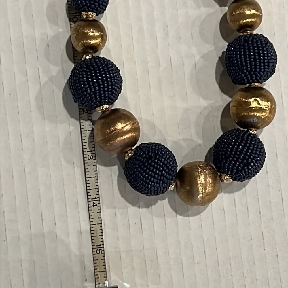 Vintage Beaded Boho Blue Gold Bauble Bead Necklace 18 inch - Picture 5 of 5
